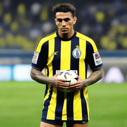 'CELEN', wearing a barred jersey with the number 68, stepping onto the field at Fenerbahçe Ülker Stadium, displaying a swallow tattoo on his arm.