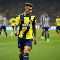 Soccer player 'CELEN' stepping onto the field at Fenerbahçe Ülker Stadium, wearing a jersey with bars and the number 68, shows off a swallow tattoo on his arm.