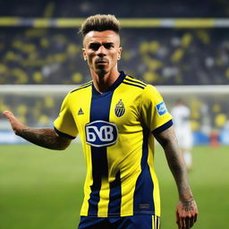 Soccer player 'CELEN' stepping onto the field at Fenerbahçe Ülker Stadium, wearing a jersey with bars and the number 68, shows off a swallow tattoo on his arm.