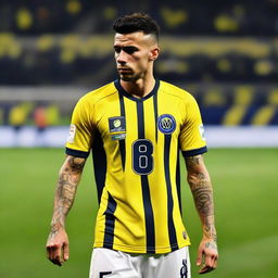 Soccer player 'CELEN' stepping onto the field at Fenerbahçe Ülker Stadium, wearing a jersey with bars and the number 68, shows off a swallow tattoo on his arm.