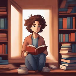 A high-quality digital art image for a book cover, featuring a boy with wavy hair holding a cassette, gazing out of a window in the middle of a room filled with books