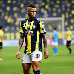 Soccer player 'CELEN' stepping onto the field at Fenerbahçe Ülker Stadium, wearing a jersey with bars and the number 68, shows off a swallow tattoo on his arm.