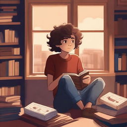 A high-quality digital art image for a book cover, featuring a boy with wavy hair holding a cassette, gazing out of a window in the middle of a room filled with books