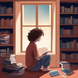 A high-quality digital art image for a book cover, featuring a boy with wavy hair holding a cassette, gazing out of a window in the middle of a room filled with books