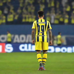 Back view of soccer player 'CELEN', wearing a striped jersey, taking his first step onto the pitch at Fenerbahçe Ülker Stadium with number 68 on his jersey and a swallow tattoo on his arm.