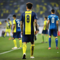 Back view of soccer player 'CELEN', wearing a striped jersey, taking his first step onto the pitch at Fenerbahçe Ülker Stadium with number 68 on his jersey and a swallow tattoo on his arm.