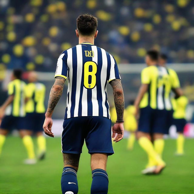 Back view of soccer player 'CELEN', wearing a striped jersey, taking his first step onto the pitch at Fenerbahçe Ülker Stadium with number 68 on his jersey and a swallow tattoo on his arm.