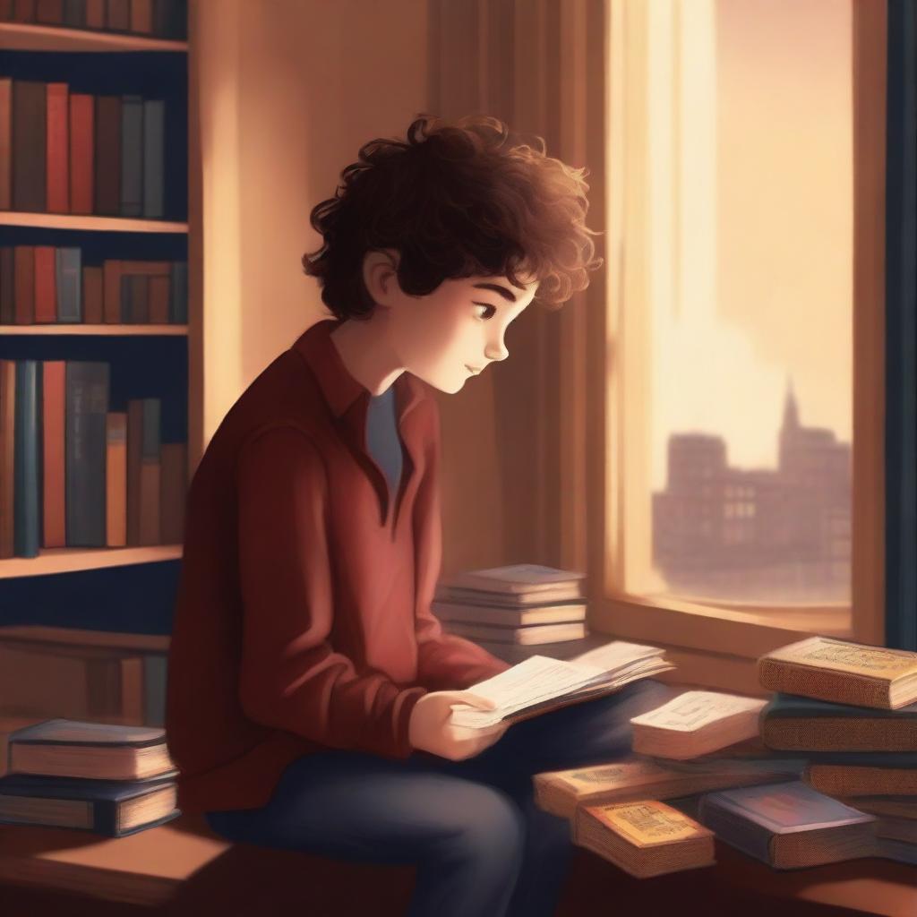 A high-quality, realistic digital art image for a book cover, showcasing a boy with wavy hair holding a cassette, gazing out of a window in the middle of a room filled with books