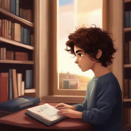 A high-quality, realistic digital art image for a book cover, showcasing a boy with wavy hair holding a cassette, gazing out of a window in the middle of a room filled with books