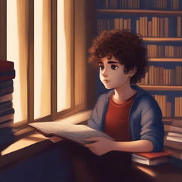 A high-quality, realistic digital art image for a book cover, showcasing a boy with wavy hair holding a cassette, gazing out of a window in the middle of a room filled with books