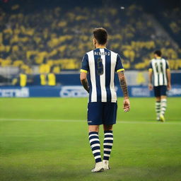 Back view of soccer player 'CELEN', wearing a striped jersey, taking his first step onto the pitch at Fenerbahçe Ülker Stadium with number 68 on his jersey and a swallow tattoo on his arm.