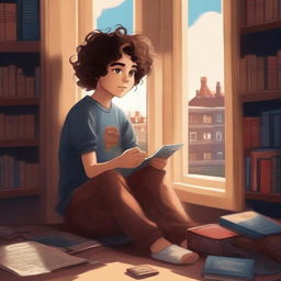 A high-quality, realistic digital art image for a book cover, showcasing a boy with wavy hair holding a cassette, gazing out of a window in the middle of a room filled with books