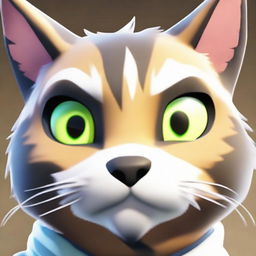 Close up image of a cat-themed Fortnite skin, emphasizing the feline facial features, expressive eyes, and distinct fur patterns.