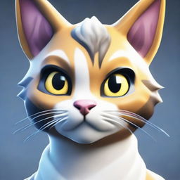 Close up image of a cat-themed Fortnite skin, emphasizing the feline facial features, expressive eyes, and distinct fur patterns.