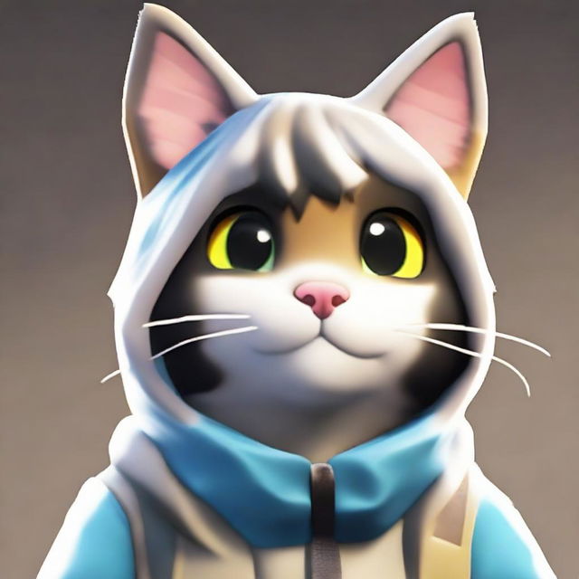 Close up image of a cat-themed Fortnite skin, emphasizing the feline facial features, expressive eyes, and distinct fur patterns.