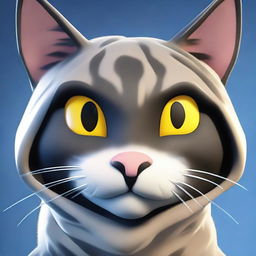 Close up image of a cat-themed Fortnite skin, emphasizing the feline facial features, expressive eyes, and distinct fur patterns.