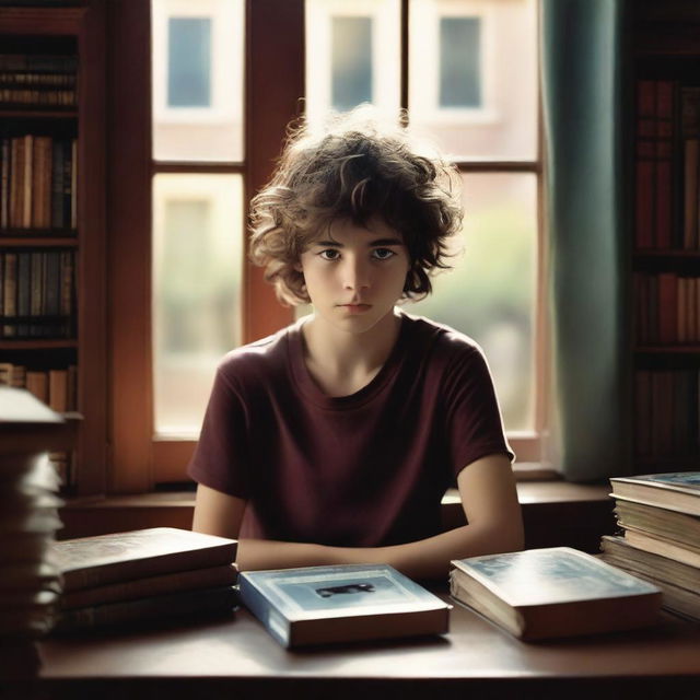 A high-quality, photo-realistic image for a book cover, capturing a boy with wavy hair holding a cassette, gazing out of a window in the middle of a room filled with books