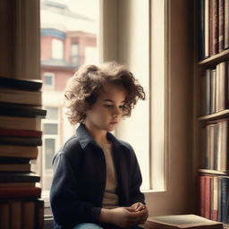 A high-quality, photo-realistic image for a book cover, capturing a boy with wavy hair holding a cassette, gazing out of a window in the middle of a room filled with books