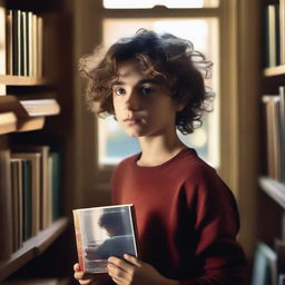 A high-quality, photo-realistic image for a book cover, capturing a boy with wavy hair holding a cassette, gazing out of a window in the middle of a room filled with books