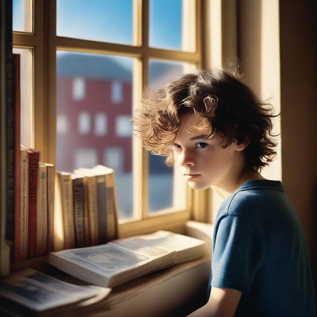 An ultra-realistic, high-quality photograph for a book cover, capturing a scene of a boy with wavy hair holding a cassette, looking out of a window surrounded by books in hues of brown, dark blue, and dark red