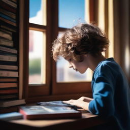 An ultra-realistic, high-quality photograph for a book cover, capturing a scene of a boy with wavy hair holding a cassette, looking out of a window surrounded by books in hues of brown, dark blue, and dark red