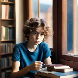 An ultra-realistic, high-quality photograph for a book cover, capturing a scene of a boy with wavy hair holding a cassette, looking out of a window surrounded by books in hues of brown, dark blue, and dark red