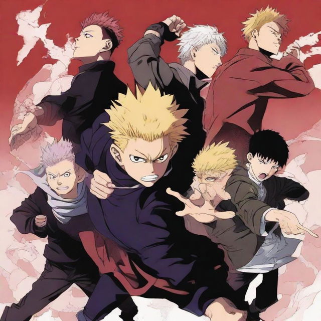 A vivid, action-packed group illustration of the main characters from Jujutsu Kaisen (JJk), demonstrating their unique abilities and personalities.