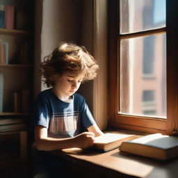 An ultra-realistic, high-quality photograph for a book cover, capturing a scene of a boy with wavy hair holding a cassette, looking out of a window surrounded by books in hues of brown, dark blue, and dark red