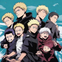 A vivid, action-packed group illustration of the main characters from Jujutsu Kaisen (JJk), demonstrating their unique abilities and personalities.