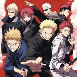 A vivid, action-packed group illustration of the main characters from Jujutsu Kaisen (JJk), demonstrating their unique abilities and personalities.