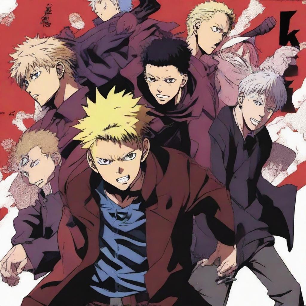 A vivid, action-packed group illustration of the main characters from Jujutsu Kaisen (JJk), demonstrating their unique abilities and personalities.