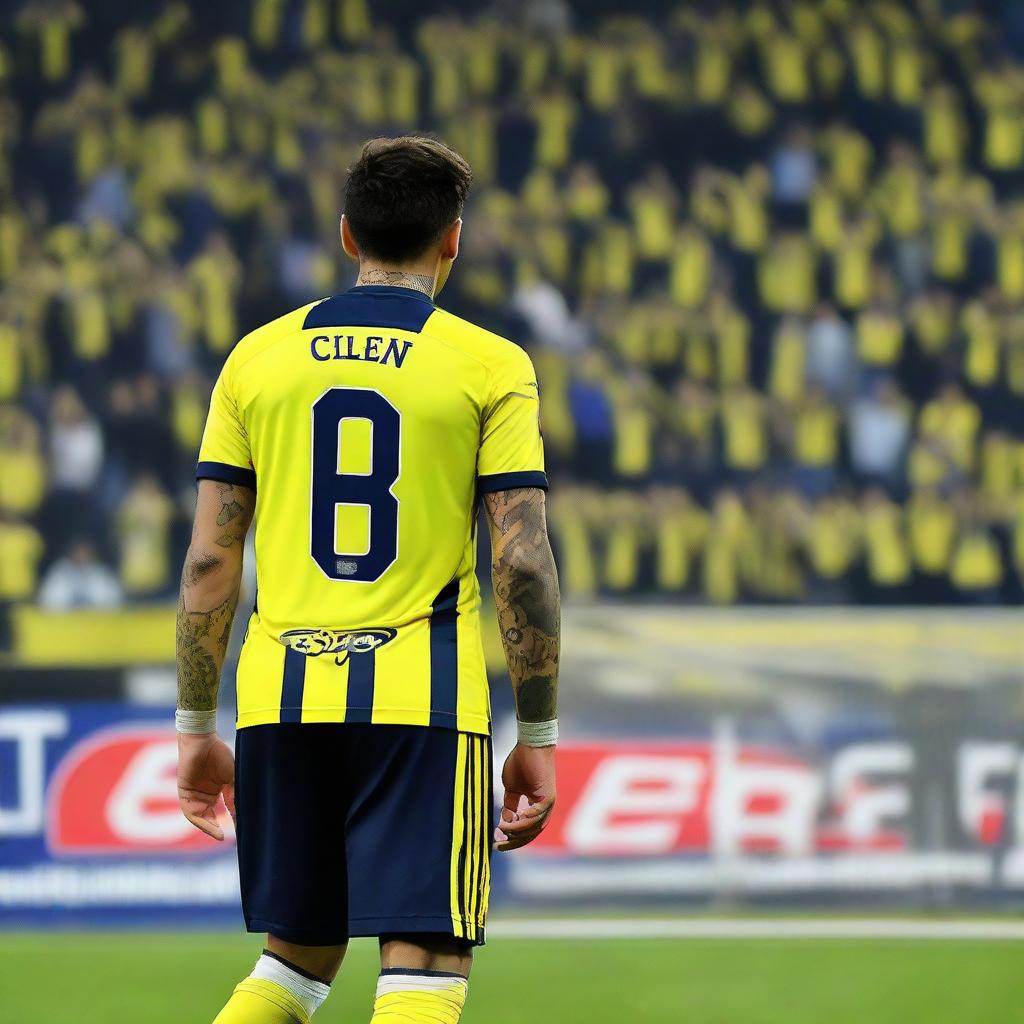 Back view of 'CELEN' stepping onto the pitch at Fenerbahçe Ülker Stadium, wearing a yellow and navy blue striped jersey with the number 68, and a swallow tattoo on his arm.