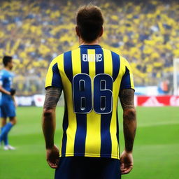 Back view of 'CELEN' stepping onto the pitch at Fenerbahçe Ülker Stadium, wearing a yellow and navy blue striped jersey with the number 68, and a swallow tattoo on his arm.