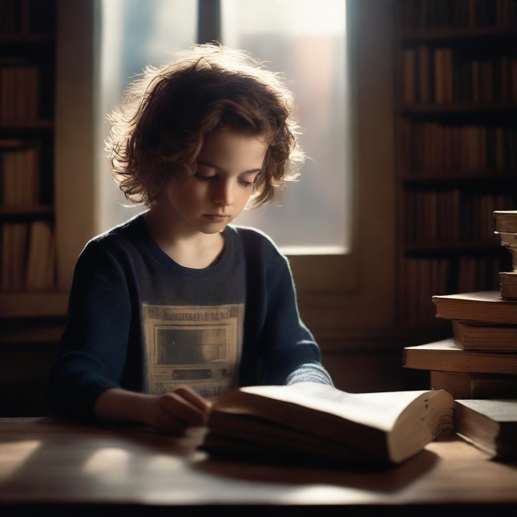 An ultra-realistic, high-quality photograph for a book cover, capturing a haunting scene of a boy with wavy hair, appearing ghost-like, holding a cassette, looking down and surrounded by an increased number of books in hues of brown, dark blue, and dark red