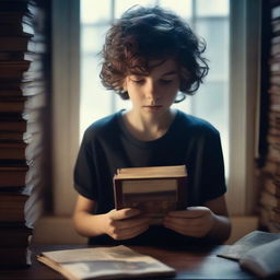 An ultra-realistic, high-quality photograph for a book cover, capturing a haunting scene of a boy with wavy hair, appearing ghost-like, holding a cassette, looking down and surrounded by an increased number of books in hues of brown, dark blue, and dark red