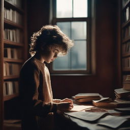 An ultra-realistic, high-quality photograph for a book cover, capturing a haunting scene of a boy with wavy hair, appearing ghost-like, holding a cassette, looking down and surrounded by an increased number of books in hues of brown, dark blue, and dark red