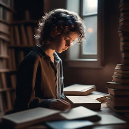 An ultra-realistic, high-quality photograph for a book cover, capturing a haunting scene of a boy with wavy hair, appearing ghost-like, holding a cassette, looking down and surrounded by an increased number of books in hues of brown, dark blue, and dark red