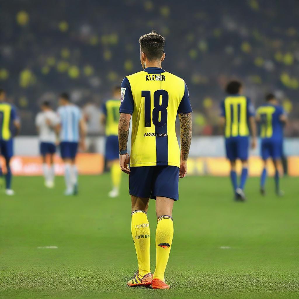 Back view of 'CELEN' stepping onto the pitch at Fenerbahçe Ülker Stadium, wearing a yellow and navy blue striped jersey with the number 68, and a swallow tattoo on his arm.