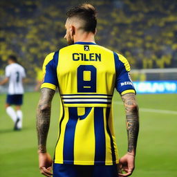 Back view of 'CELEN' stepping onto the pitch at Fenerbahçe Ülker Stadium, wearing a yellow and navy blue striped jersey with the number 68, and a swallow tattoo on his arm.