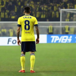 Rear view of 'ÇELEN' taking his initial step onto the pitch at Fenerbahçe Ülker Stadium, dressed in a yellow and navy blue striped jersey with number 68, flaunting a swallow tattoo on his arm.