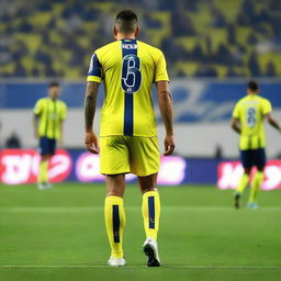 Rear view of 'ÇELEN' taking his initial step onto the pitch at Fenerbahçe Ülker Stadium, dressed in a yellow and navy blue striped jersey with number 68, flaunting a swallow tattoo on his arm.