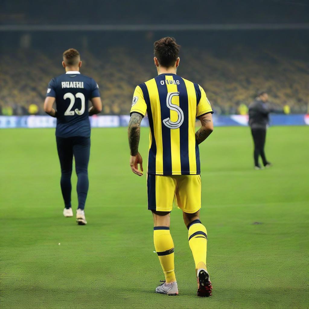 Rear view of 'ÇELEN' taking his initial step onto the pitch at Fenerbahçe Ülker Stadium, dressed in a yellow and navy blue striped jersey with number 68, flaunting a swallow tattoo on his arm.