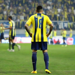 Rear view of 'ÇELEN' taking his initial step onto the pitch at Fenerbahçe Ülker Stadium, dressed in a yellow and navy blue striped jersey with number 68, flaunting a swallow tattoo on his arm.