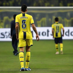 From behind, 'ÇELEN' taking the first step onto Fenerbahçe Ülker Stadium's pitch, wearing a yellow and navy blue striped jersey with the number 68, and revealing a swallow tattoo on his arm.