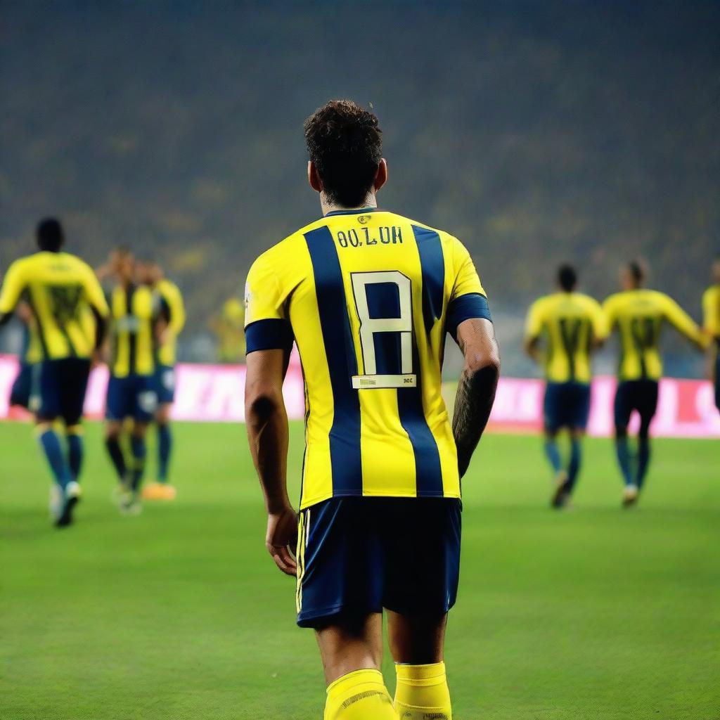 From behind, 'ÇELEN' taking the first step onto Fenerbahçe Ülker Stadium's pitch, wearing a yellow and navy blue striped jersey with the number 68, and revealing a swallow tattoo on his arm.