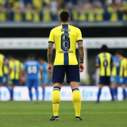 From behind, 'ÇELEN' taking the first step onto Fenerbahçe Ülker Stadium's pitch, wearing a yellow and navy blue striped jersey with the number 68, and revealing a swallow tattoo on his arm.