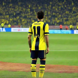 From behind, 'ÇELEN' taking the first step onto Fenerbahçe Ülker Stadium's pitch, wearing a yellow and navy blue striped jersey with the number 68, and revealing a swallow tattoo on his arm.