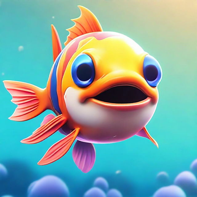 2D animated style close-up of a fish character from Fortnite, presenting a warm smile and vibrant underwater colors.