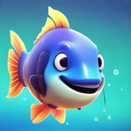 2D animated style close-up of a fish character from Fortnite, presenting a warm smile and vibrant underwater colors.