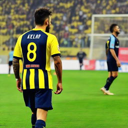 Rear view of 'ÇELEN' stepping onto the pitch at Fenerbahçe Ülker Stadium in a yellow and navy blue striped jersey, number 68, with a swallow tattoo on his arm.